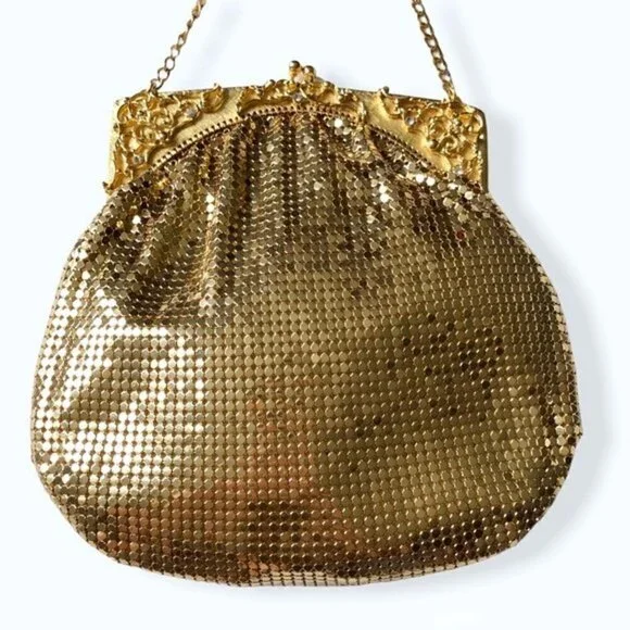Whiting & Davis Bag 70s Gold Mesh Kiss Snap Evening Bag Crossbody Strap Purse - Picture 2 of 13